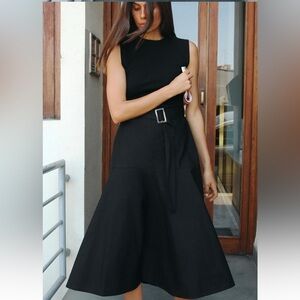 Zara Combination Fabric Black Sleeveless Midi Dress Belt